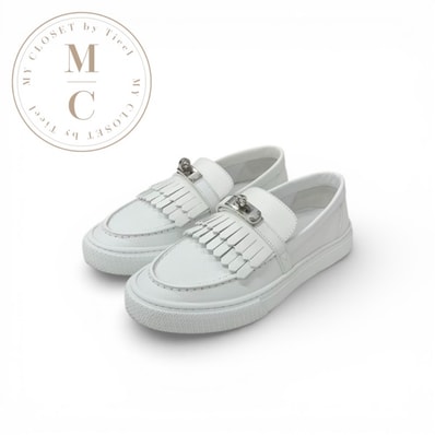 エルメス HERMES ゲーム スニーカー 靴 シューズ レザー ホワイト 白 シルバー ケリー金具 スリッポン フリンジ