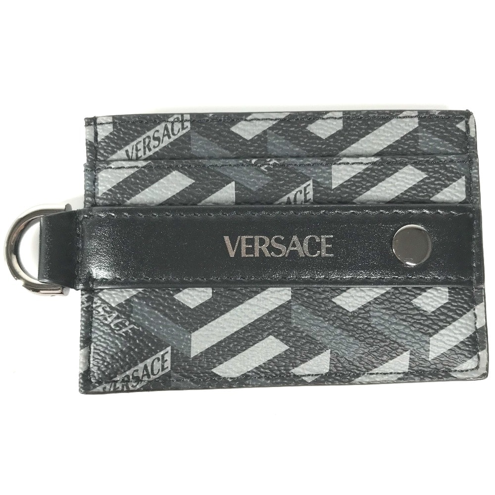 ヴェルサーチ VERSACE ロゴ Dリング付き 名刺入れ パスケース カードケース レザー ブラック 美品