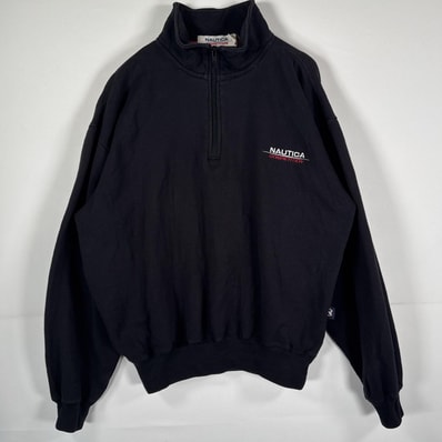 古着 90's/90年代 ノーティカ NAUTICA 長袖 スウェット ハーフジップ トレーナー ワンポイント ロゴ M ブラック 無地 メンズ