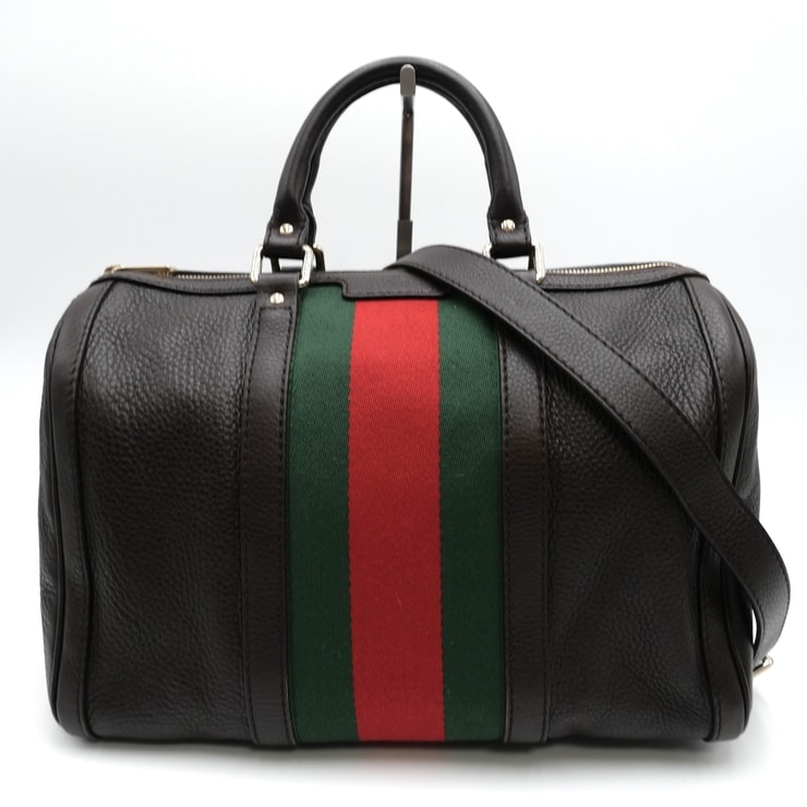 GUCCI(グッチ)ヴィンテージウェブ ヴィンテージ ボストンバッグ 2WAY ショルダーバッグ ハンドバッグ シェリーライン ダークブラウン レザー GGウェブ ゴールド金具 レディース 247205【中古】