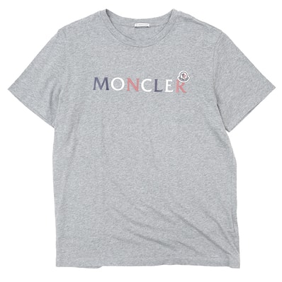 SALE【極美品】MONCLER モンクレール 半袖カットソー サイズ L メンズ 2021年製 ラバーロゴプリント トリコロール ワッペン コットンジャージー 天竺 トップス グレー 灰色 トルコ製