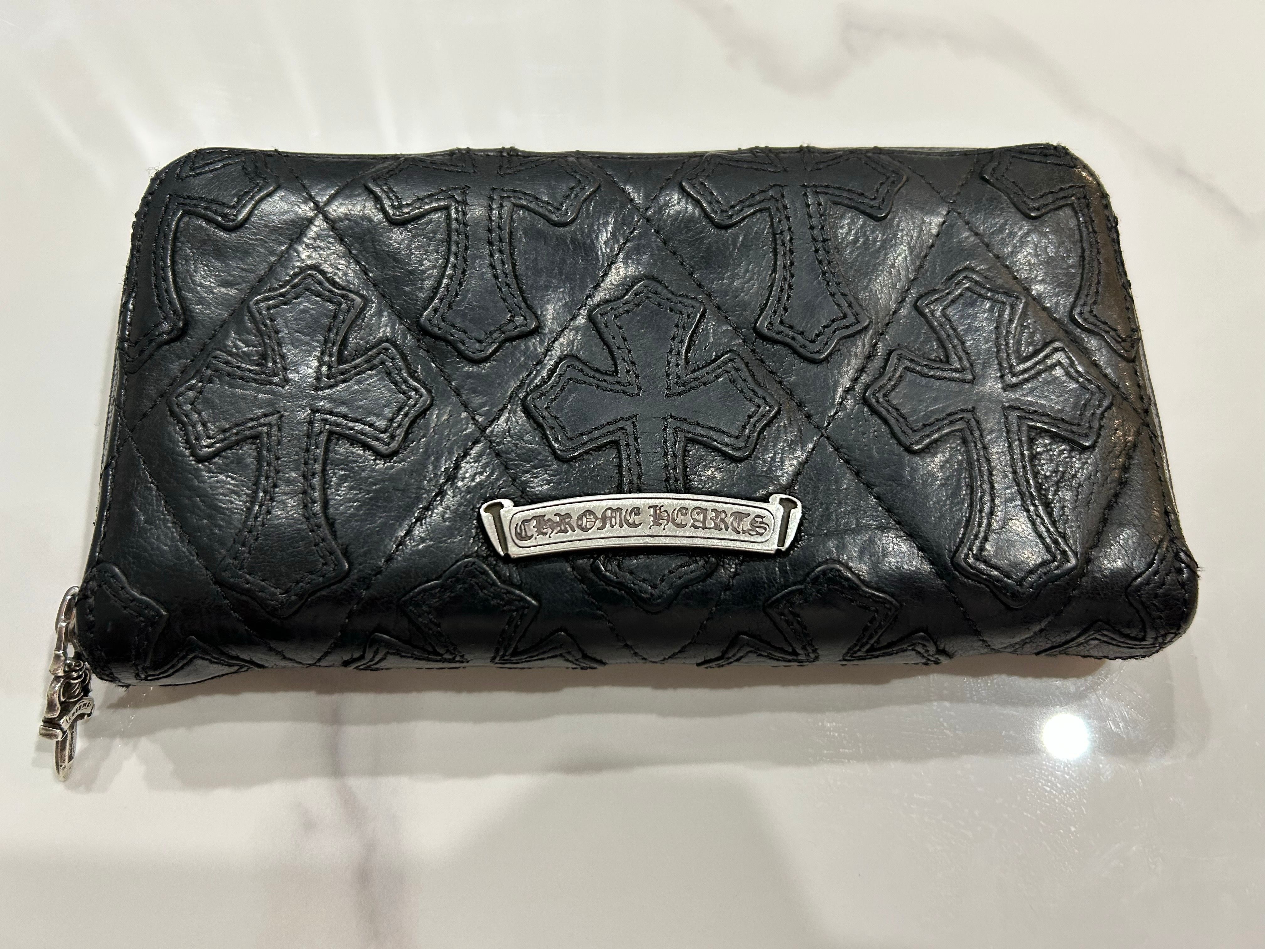 Chrome Hearts REC F Zip Cemetary Cross Quilted Destroy Leather Wallet "Black"