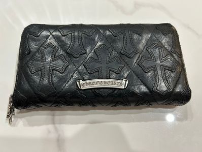 Chrome Hearts REC F Zip Cemetary Cross Quilted Destroy Leather Wallet "Black"