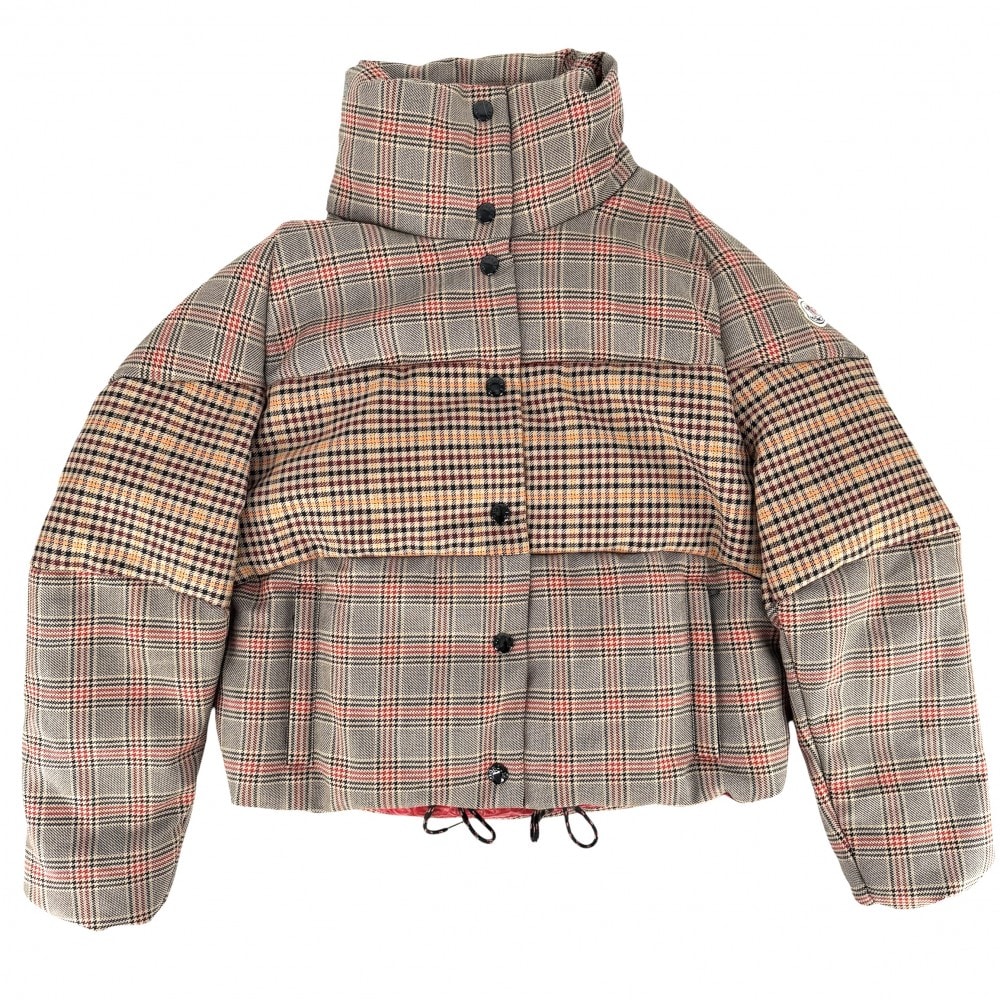 MONCLER モンクレール ダウンジャケット アウター チェック 2サイズ フード付き ブラウン系 シルバー金具 ポリエステル  羊毛   レディース 冬 美品【中古品】