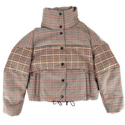 MONCLER モンクレール ダウンジャケット アウター チェック 2サイズ フード付き ブラウン系 シルバー金具 ポリエステル 羊毛 レディース 冬 美品【中古品】
