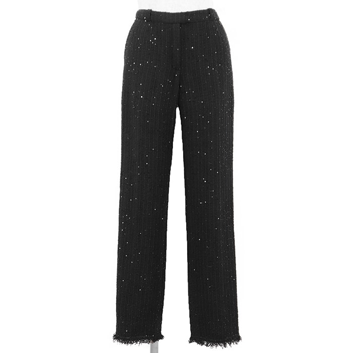 【SALE】CHANEL シャネル パンツ サイズ 36 レディース 04P P22992 ツイード × スパンコール フリンジ シグネチャー ロゴ COCOマークチャーム テーパードシルエット ボトムス ブラック 黒 フランス製 カール・ラガーフェルド期