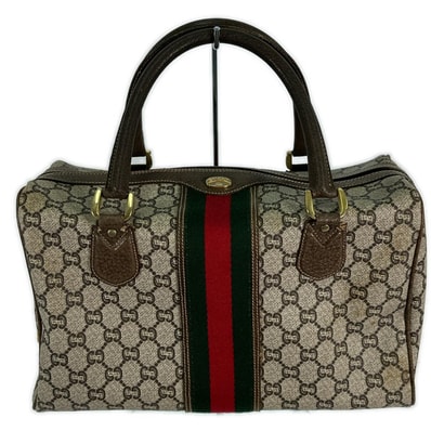 GUCCI グッチ ミニボストンバッグ GGプラス シェリーライン ヴィンテージ ベージュ グリーン レッド PVCコーティングキャンバス バッグ ファッション アイテム ユニセックス