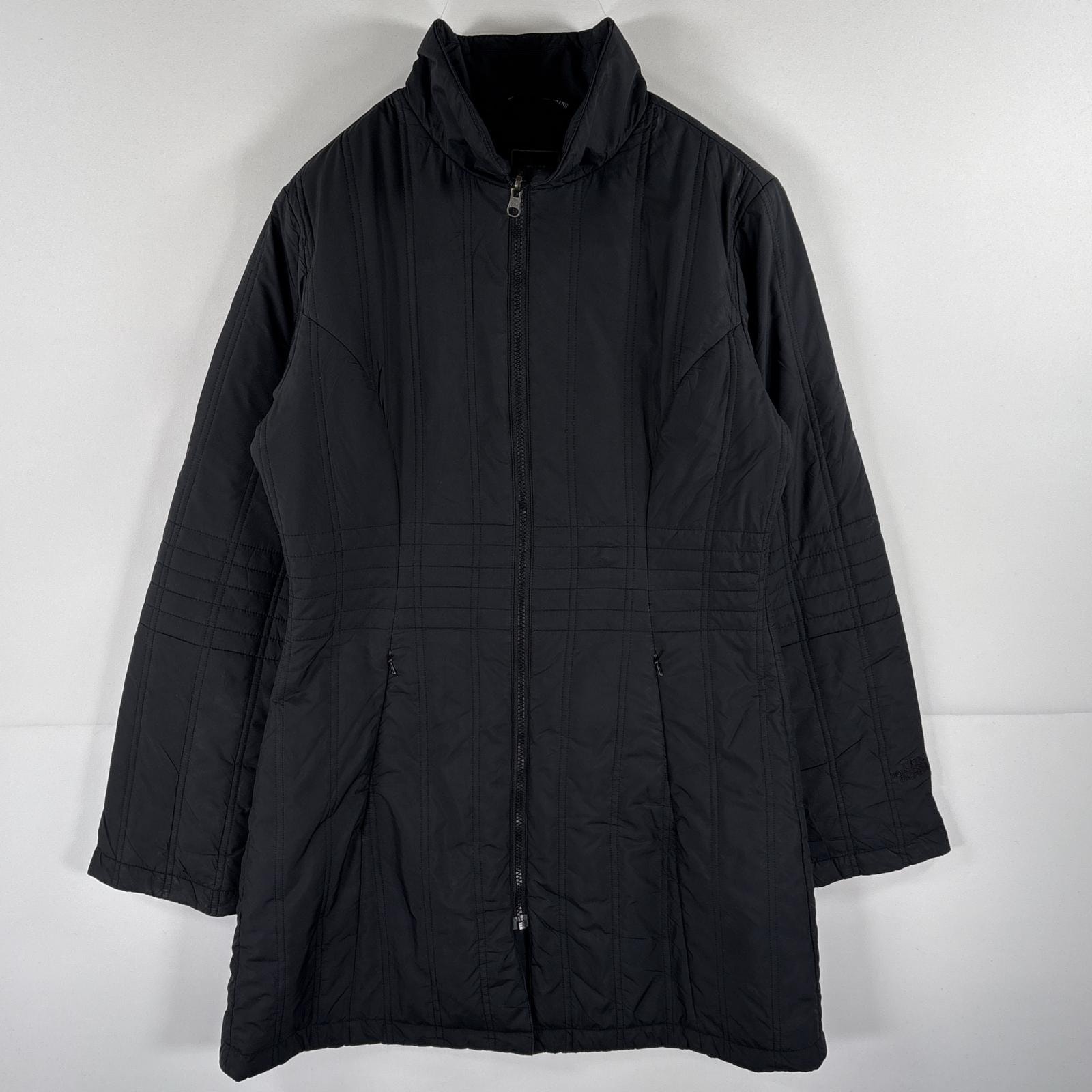 古着 ザ・ノースフェイス THE NORTH FACE ロングナイロンジャケット 中綿キルティング フルジップ 袖ロゴ刺繍 M  ブラック レディース