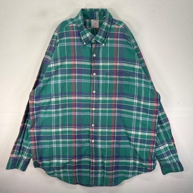 古着 ブルックスブラザーズ Brooks Brothers USA製 長袖シャツ ボタンダウン 胸ポケット XL グリーン系 チェック メンズ