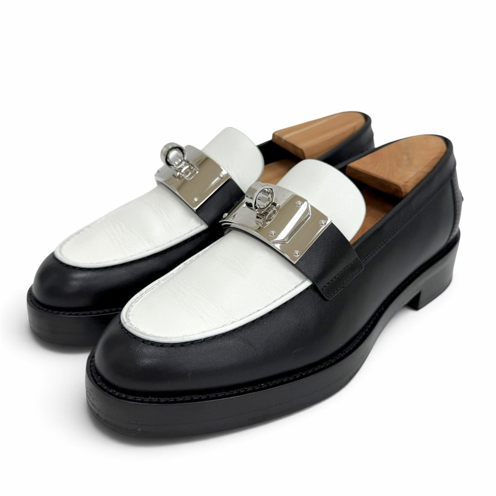 美品 エルメス ホット ローファー モカシン ケリーバックル 黒 白 IT 38
