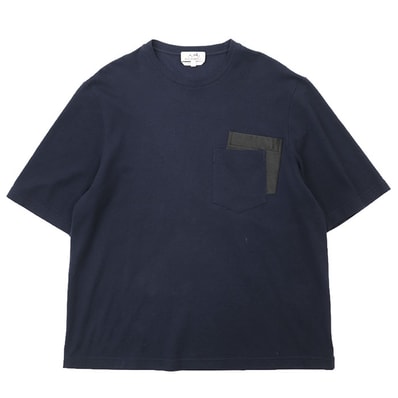 HERMES エルメス Tシャツ コットン / カシミヤ メンズ サイズ L 2024SS 鹿の子 ラムレザー レイヤードポケット クルーネック ショートスリーブ 半袖 カットソー トップス ネイビー ブラック 黒 紺 イタリア製