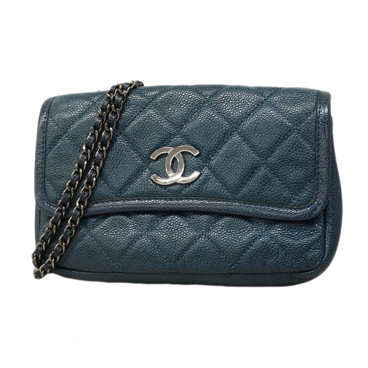 【6ca0738】シャネル ショルダーバッグ マトラッセ チェーンショルダー キャビアスキン ネイビー シルバー金具【中古】レディース