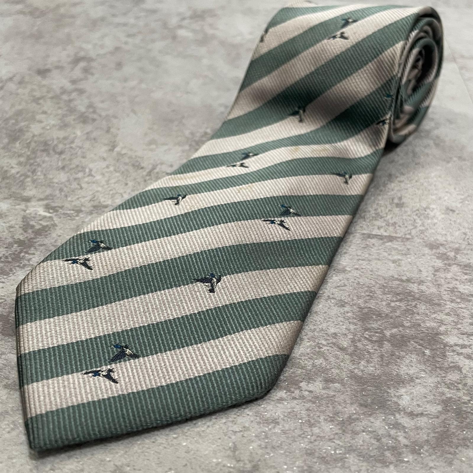 【BURBERRY】バーバリー 鳥 バード 鴨 カモ アニマル レジメンタルストライプ ネクタイ グリーン アイボリー シルク100% イタリア製 メンズ