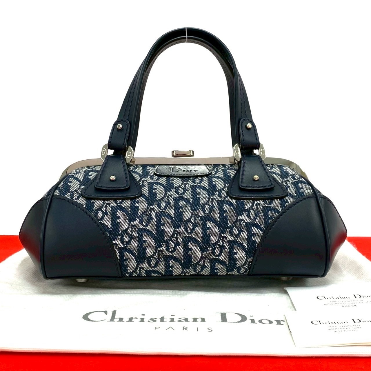Christian Dior ディオール トロッター 柄 キャンバス レザー ハンドバッグ ネイビー
 2782a