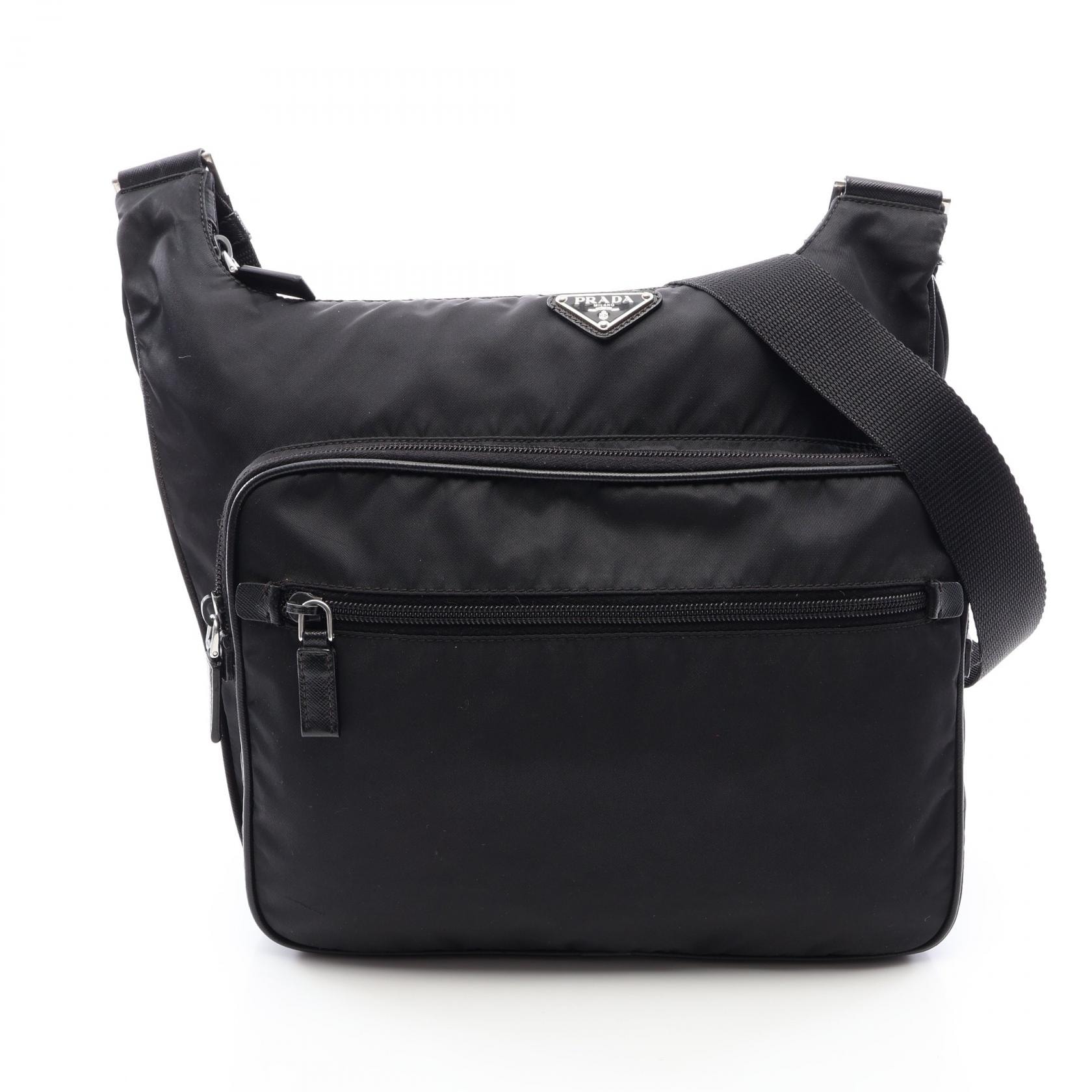 プラダ PRADA 三角プレート ショルダーバッグ バッグ ナイロン サフィアーノレザー レディース ブラック系 【中古】