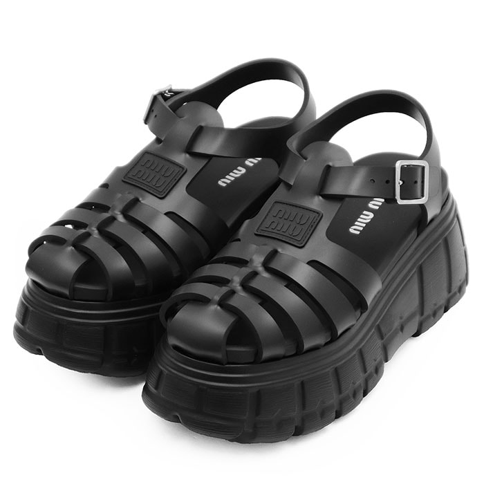 【未使用】Miu Miu ミュウ・ミュウ ソフト ケージサンダル サイズ 39 レディース ロゴ グラディエーター フィッシャーマン グルカ バックル チャンキーソール 厚底 シューズ 靴 箱付属 ブラック 黒 イタリア製 5X709D 3LKK