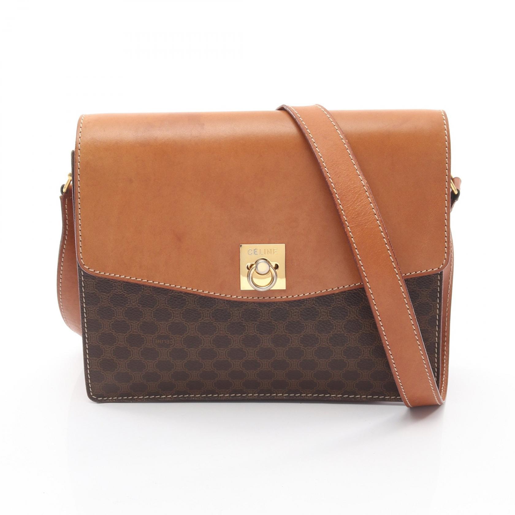 セリーヌ CELINE マカダム ショルダーバッグ バッグ PVCコーティングキャンバス レザー レディース ブラウン系 【中古】