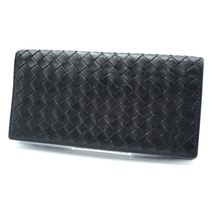 BOTTEGA VENETA(ボッテガ・ヴェネタ)イントレチャート 長財布 二つ折り財布 ブラック レザー メンズ レディース ユニセックス【中古】