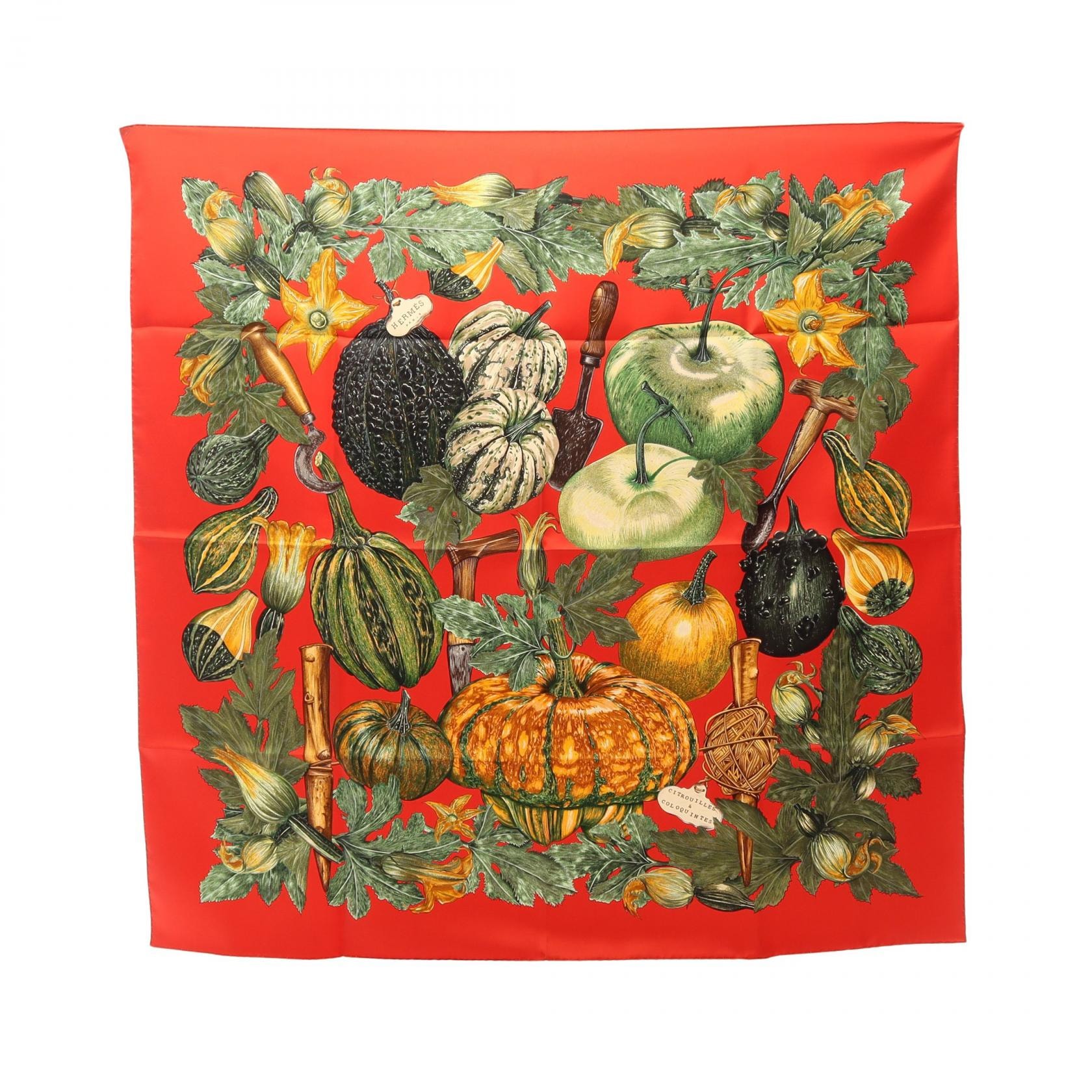 エルメス HERMES カレ90 CITROUILLES ET COLOQUINTES スカーフ 衣料品 シルク シルク レディース レッド系 / グリーン系 / マルチカラー 【中古】