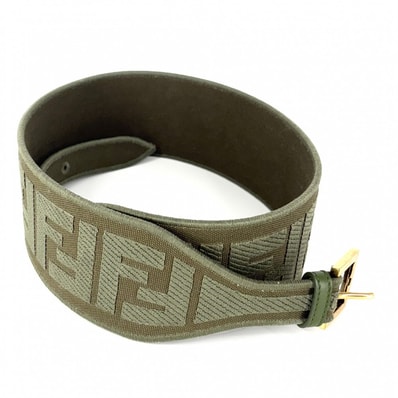 FENDI フェンディ ベルト FFロゴ ファッションアイテム 太め 小物 85/34サイズ キャンバス カーキ アンティークゴールド金具 レディース 美品【中古品】