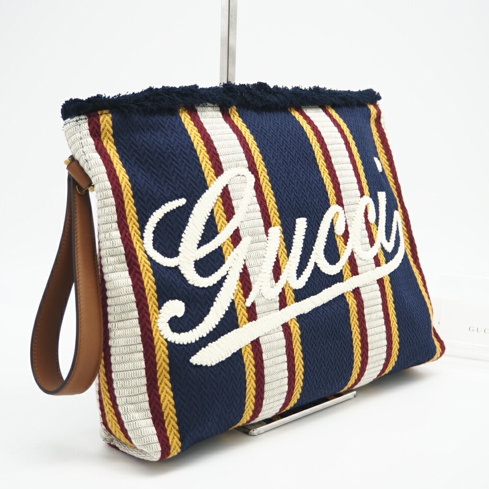 極美品 GUCCI グッチ エンブロイダリー キャンバス ラージ ポーチ 822870 クラッチバッグ ネイビー マルチカラー キャンバス レディース