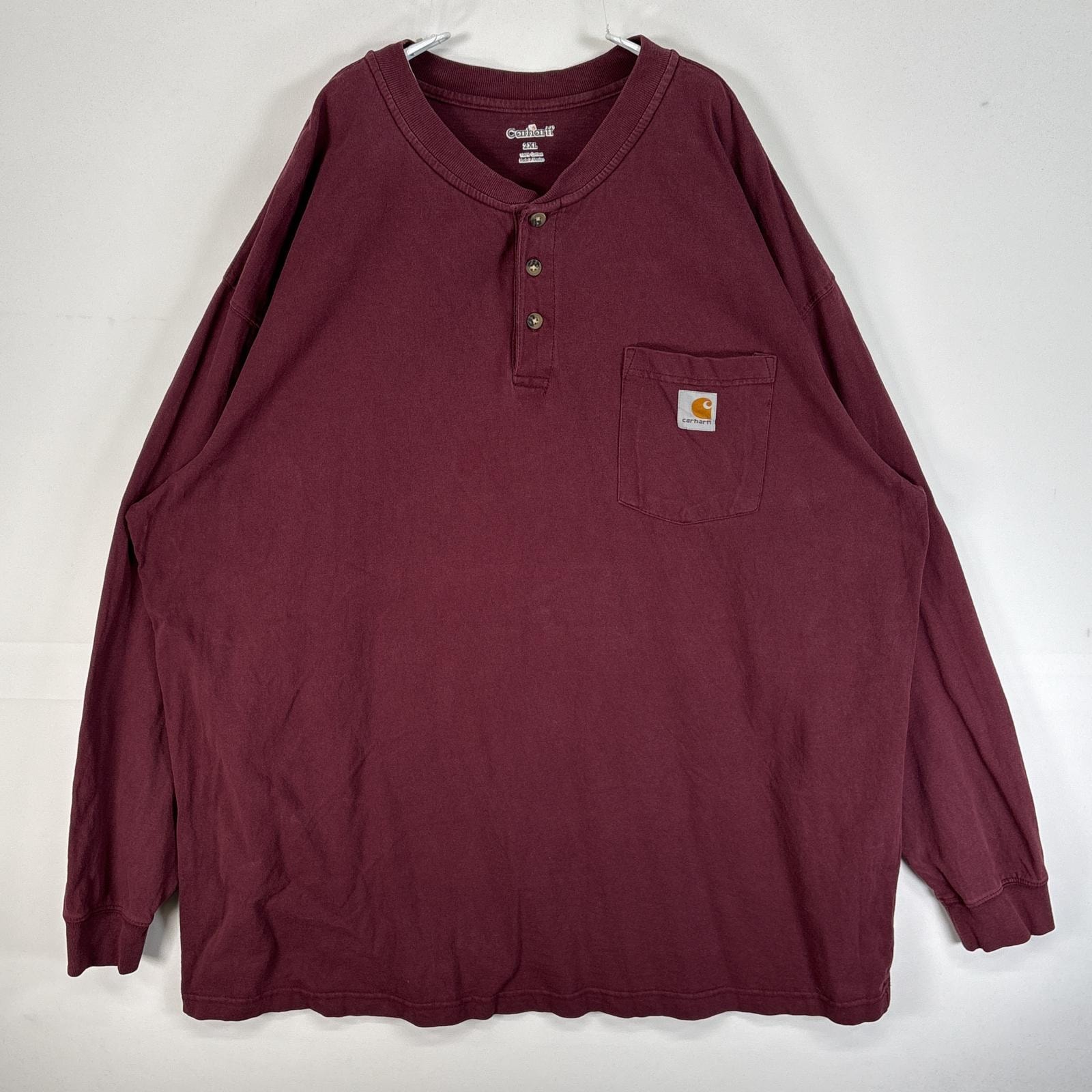 古着 カーハート Carhartt 長袖Tシャツ 大きいサイズ 肉厚 ワンポイント ロゴ 胸ポケ ヘンリーネック 2XL  ワインレッド 無地 メンズ
