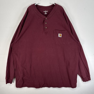 古着 カーハート Carhartt 長袖Tシャツ 大きいサイズ 肉厚 ワンポイント ロゴ 胸ポケ ヘンリーネック 2XL ワインレッド 無地 メンズ