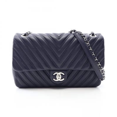 シャネル CHANEL シェブロン Vステッチ チェーンショルダー ショルダーバッグ バッグ ラムスキン(羊革) レディース ネイビー系 【中古】