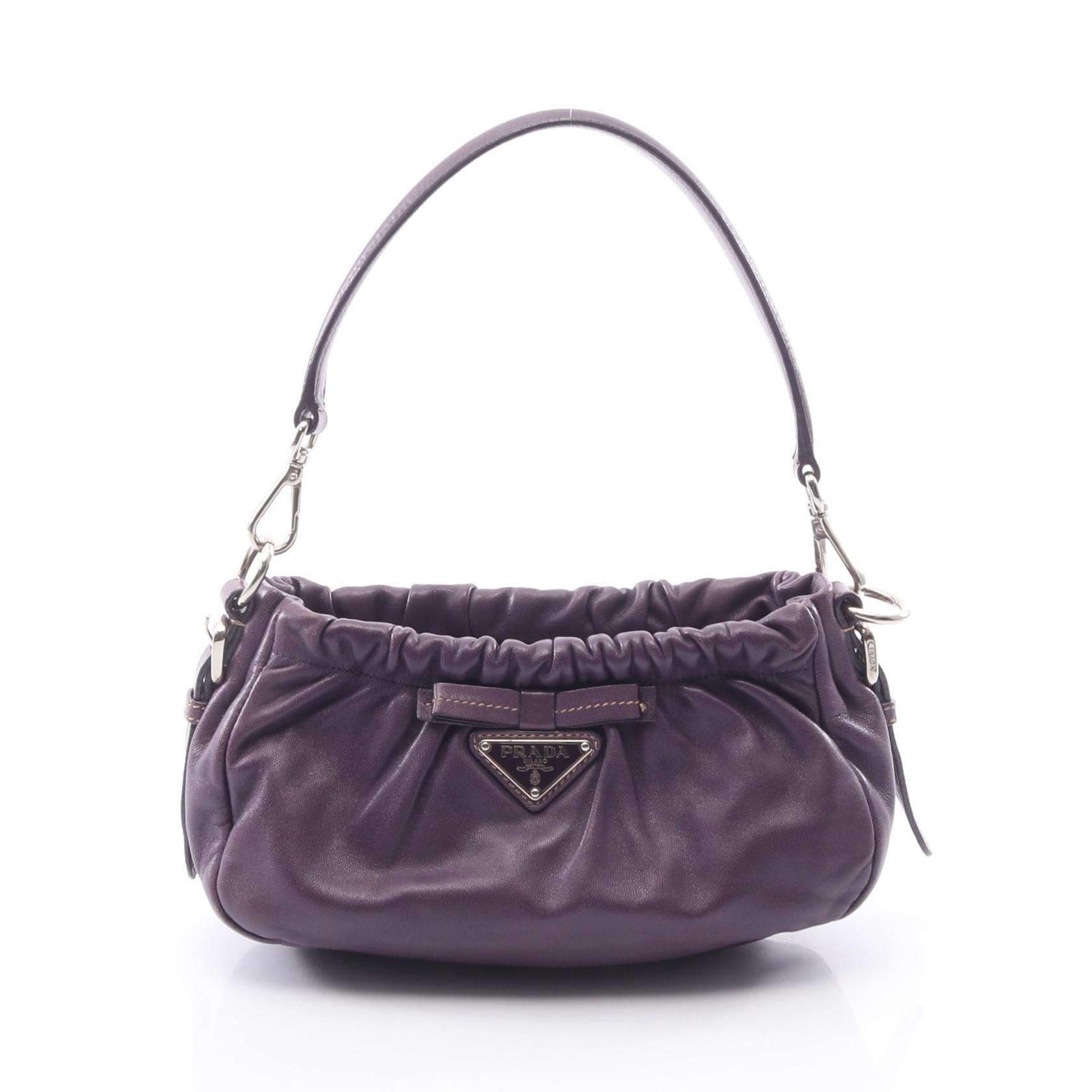 プラダ PRADA 三角プレート リボン ショルダーバッグ バッグ レザー レディース パープル系 【中古】