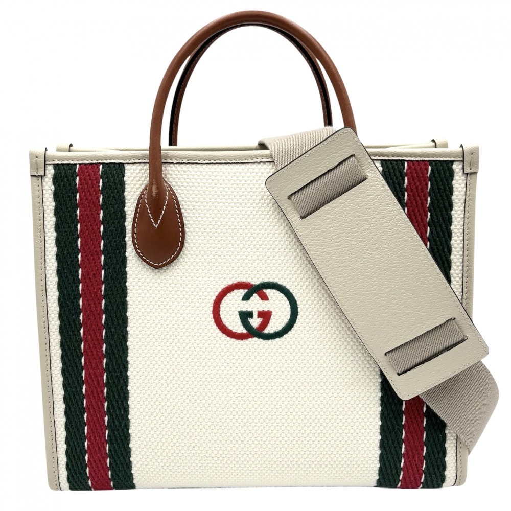 GUCCI グッチ 2WAY インターロッキングG トートバッグ ショルダーバッグ ハンドバッグ 肩掛け 斜め掛け 鞄 かばん 701737 キャンバス  レザー   アイボリー シルバー金具 レディース 美品【中古品】