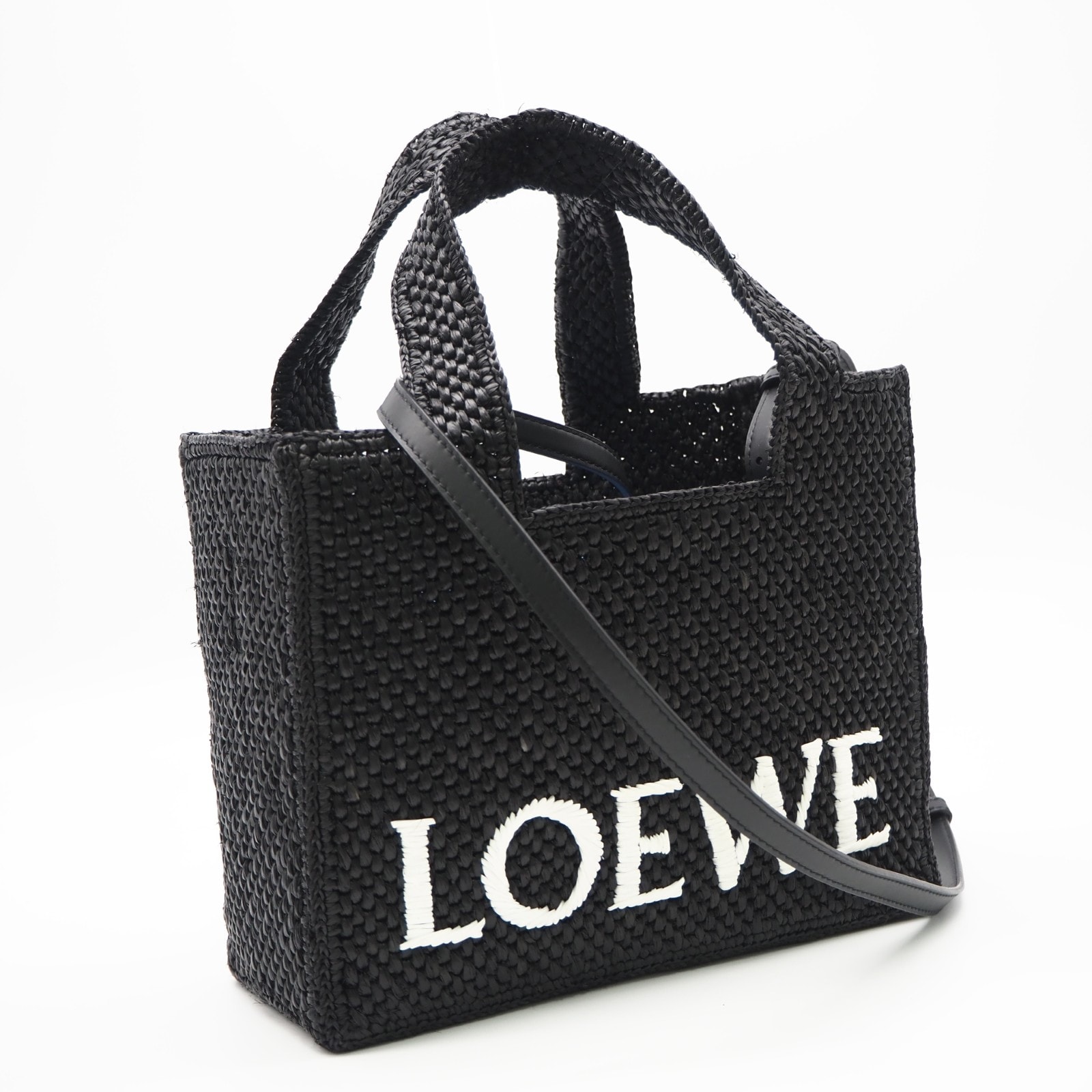 美品 LOEWE ロエベ ラフィア ロエベフォント トート スモール A685B59X01 2wayハンドバッグ ブラック ホワイト ラフィア レザー レディース
