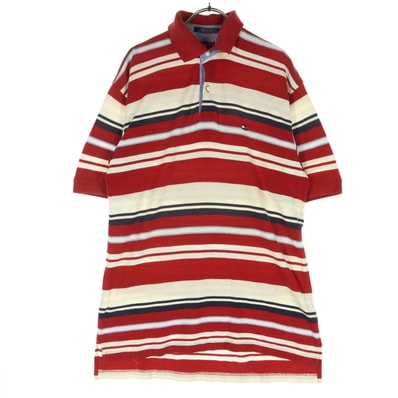 TOMMY HILFIGER トミーヒルフィガー 90s オールド マルチボーダー柄 ワンポイントロゴ 半袖 ポロシャツ M レッド