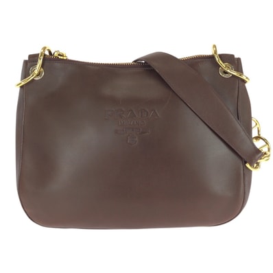 美品 PRADA プラダ オールドプラダ エンボスロゴ ブラウン ゴールド金具 レザー ショルダーバッグ 604109 【中古】