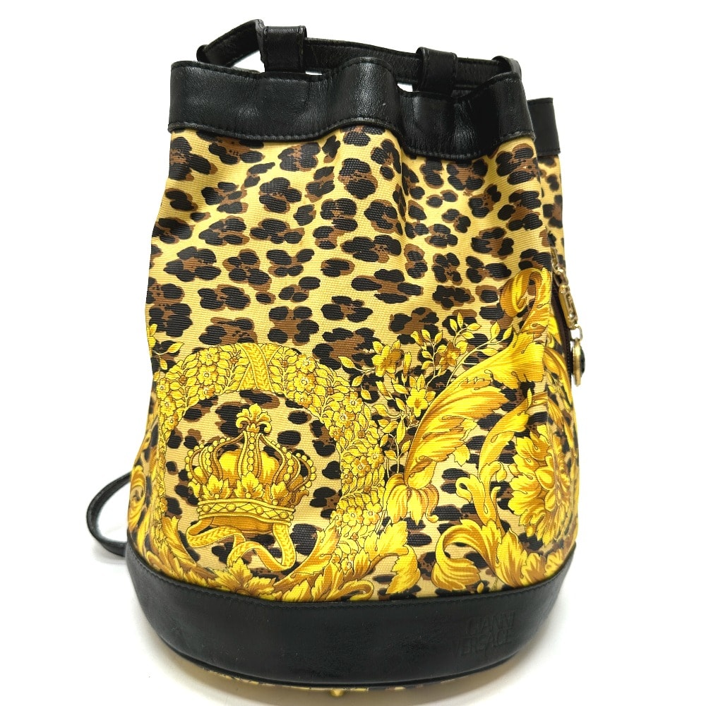 ヴェルサーチ VERSACE レオパード 巾着 豹柄 ヒョウ ヴィンテージ 肩掛け ショルダーバッグ レザー/PVC イエロー