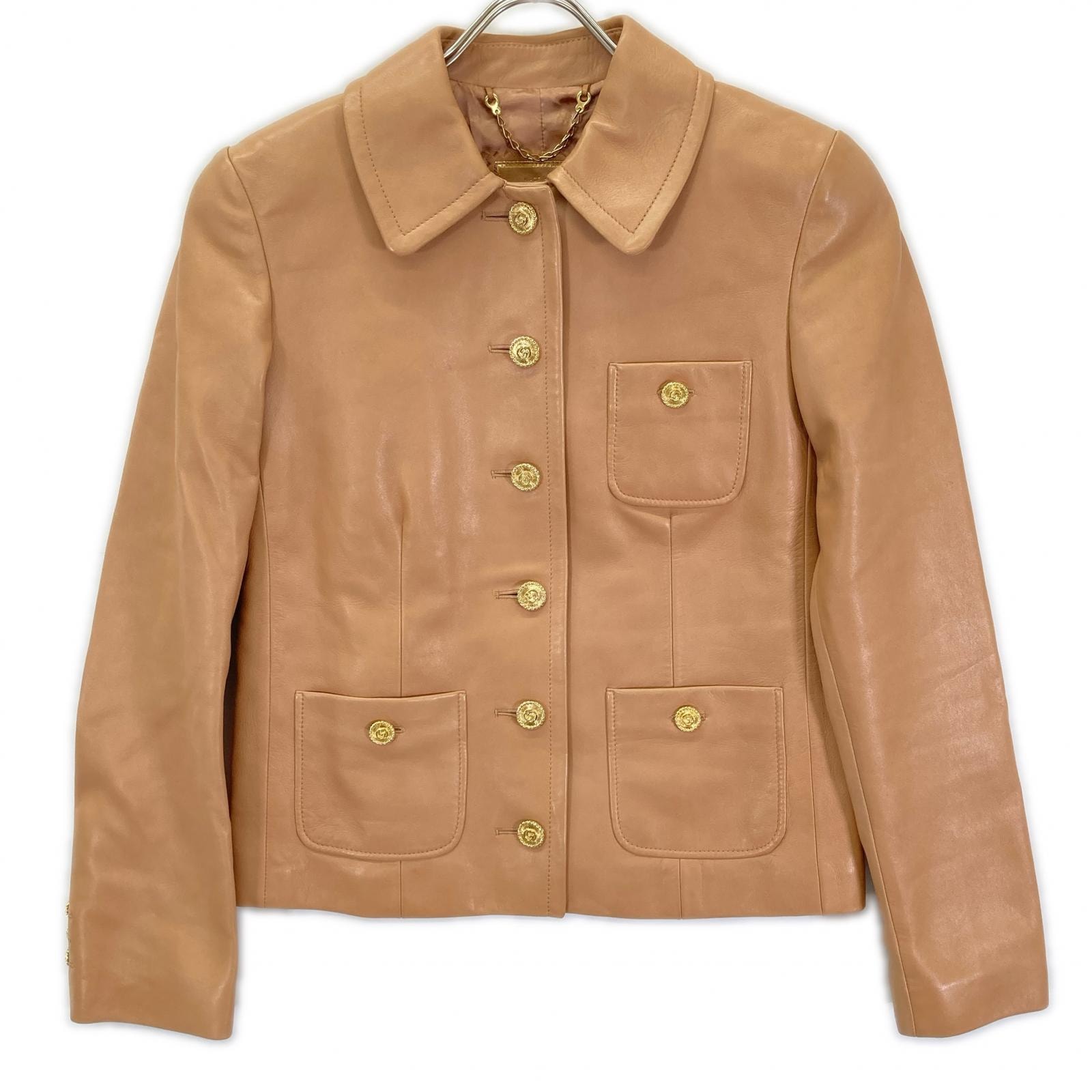 グッチ 765899 ベージュ ロゴボタン ラムレザー ジャケット 36