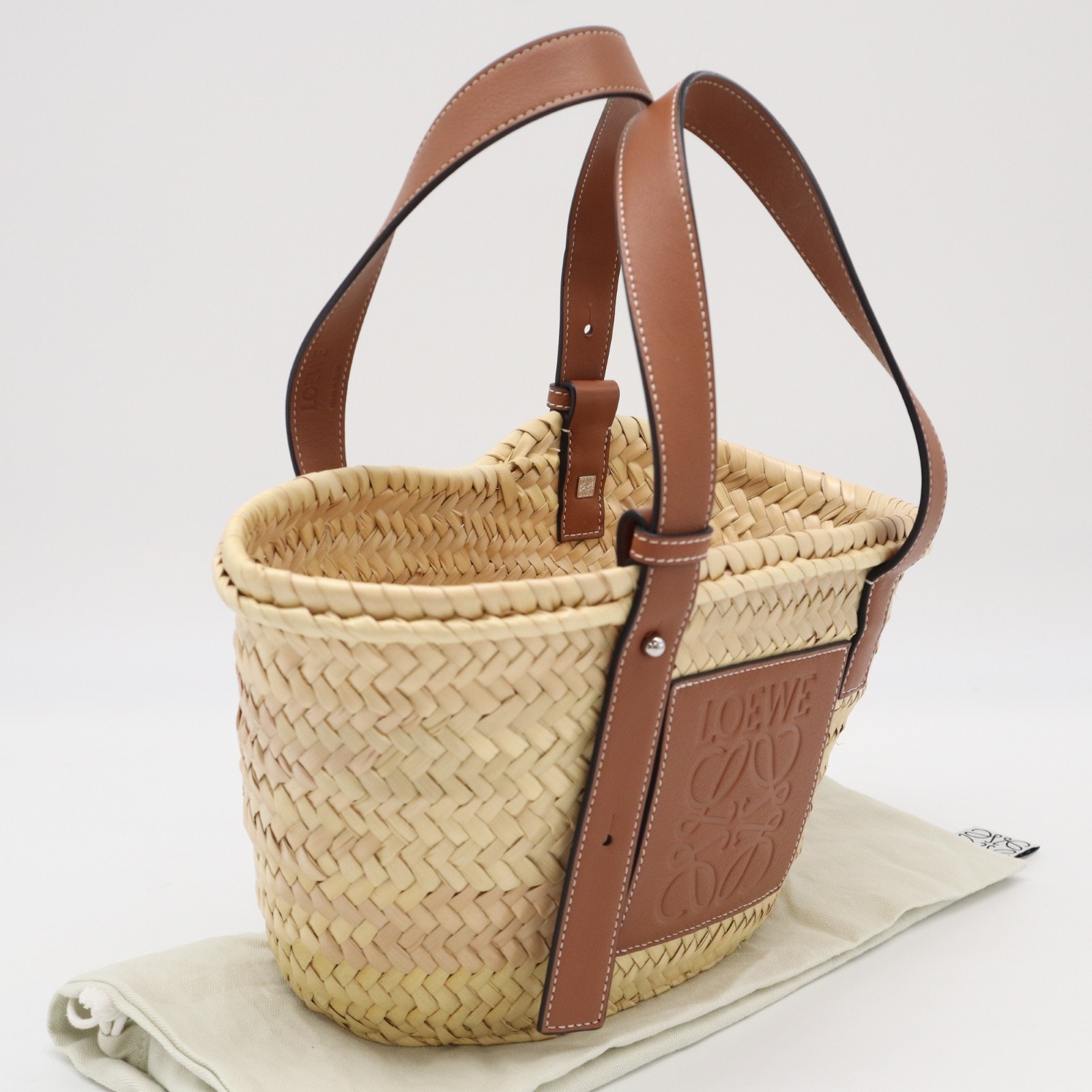 極美品 LOEWE ロエベ ヤシの葉&カーフ バスケットバッグ スモール ナチュラル タン 327.02.S93 ハンドバッグ ベージュ ブラウン カーフレザー レディース