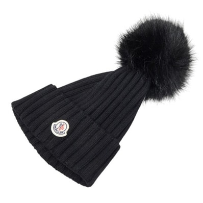 モンクレール ロゴ ポンポン付き ニットキャップ ニット帽 ブラック ウール レディース MONCLER 【中古】