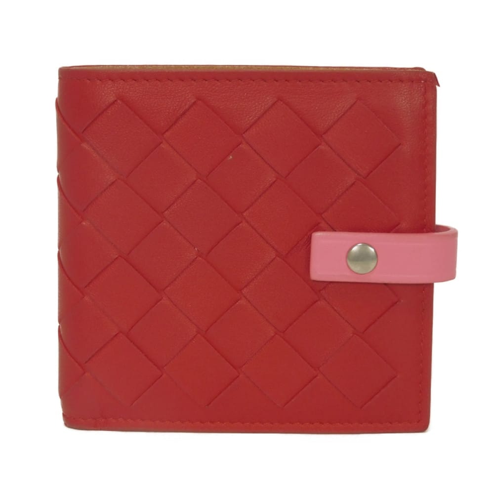 BOTTEGAVENETA ボッテガヴェネタ コンパクト ウォレット ピンク バイカラー スナップボタン 札入れ カードケース パスケース コインケース 小銭入れ RFID IC イントレチャート レッド 二つ折り財布 574055 VO0BH 8929