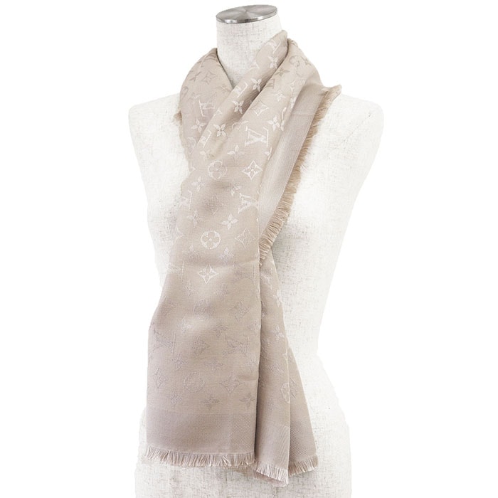【美品】LOUIS VUITTON ルイ・ヴィトン スカーフ LVモノグラム M71336 シルク/ウール ロゴ ショール マフラー 小物 メンズ レディース ユニセックス グレージュ イタリア製