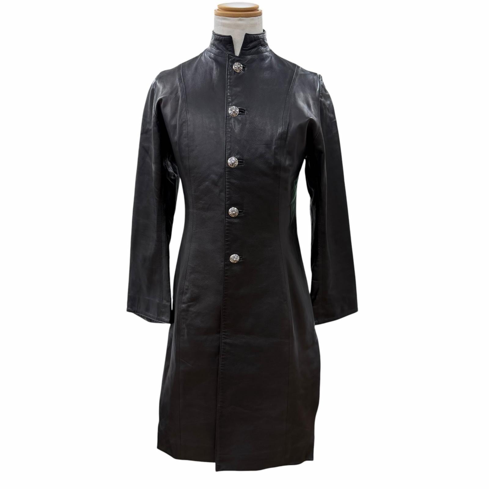 Chrome Hearts Stand Collar Cross Button Leather Long Coat "Black"