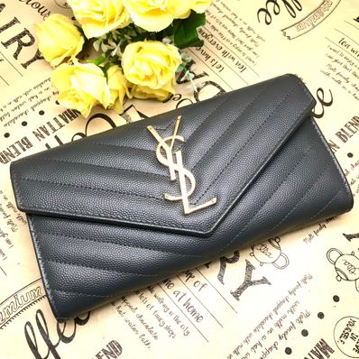サンローラン 長財布 グレー Vステッチ カサンドラ YSL レザー S2252