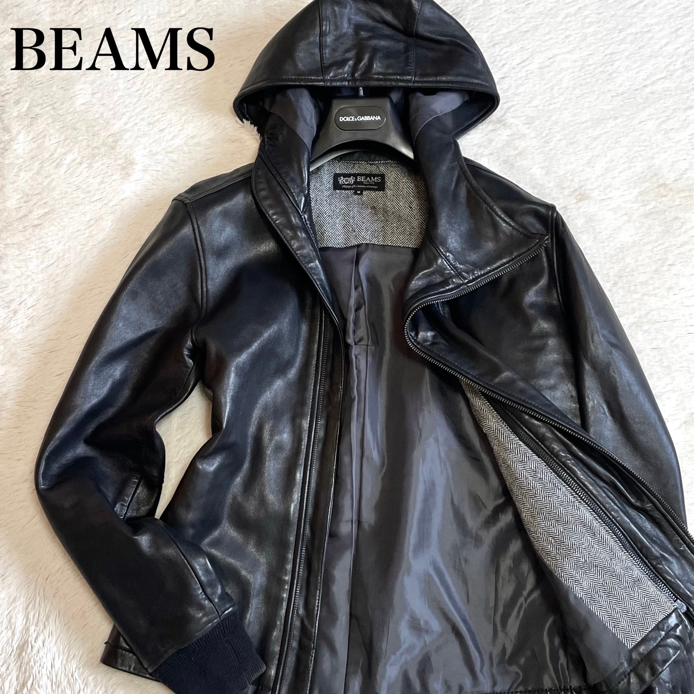 美品 BEAMS ビームス 羊革 フード レザージャケット ライダースジャケット