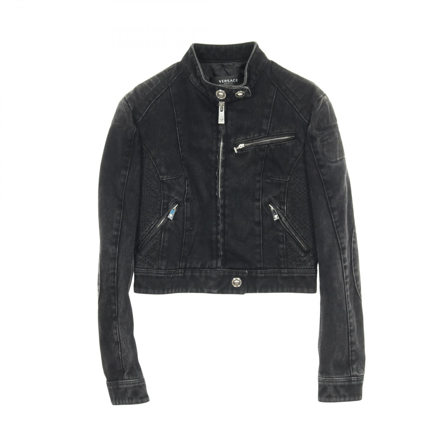 ヴェルサーチ VERSACE メドゥーサボタン ジップアップ デニムジャケット 衣料品 アウター コットン レディース ブラック系 【中古】