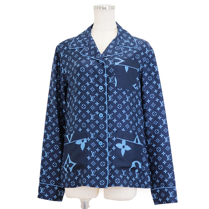 未使用 ルイ・ヴィトン 2022AW RW222W PR0 FNBL50 シルク100％ サテン モノグラム パジャマ 長袖シャツ レディース ネイビー ライトブルー 36 LOUIS VUITTON