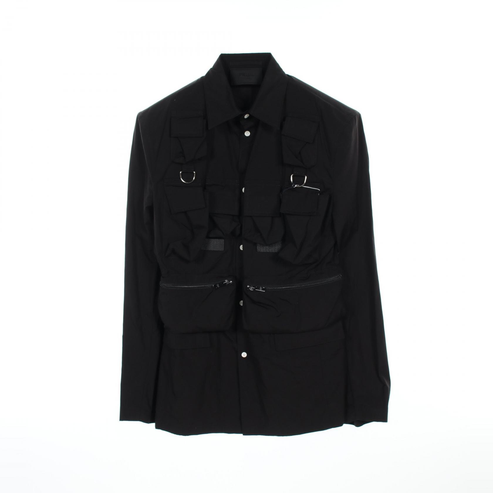 プラダ PRADA シングルブレスト マルチポケット シャツジャケット 衣料品 トップス コットン メンズ ブラック系 【中古】