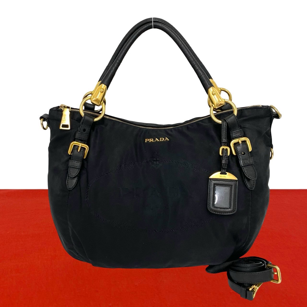 PRADA プラダ ロゴ 金具 ナイロン レザー ショルダーバッグ ブラック
957-1