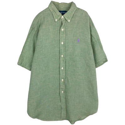 古着 ラルフローレン Ralph Lauren チェック柄 半袖 リネン ボタンダウンシャツ メンズL相当/eaa635694