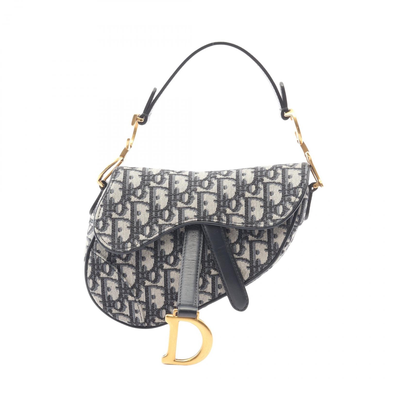 ディオール Dior サドルバッグ ミニ オブリークジャカード ハンドバッグ バッグ キャンバス レザー レディース アイボリー系 / ネイビー系 【中古】