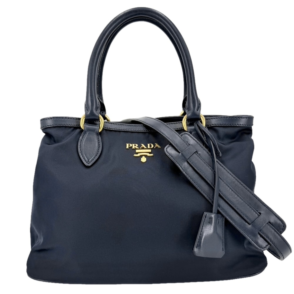PRADA プラダ 2WAY ショルダーバッグ ハンドバッグ ナイロン  レザー   ネイビー 紺 ゴールド金具 レディース【中古品】