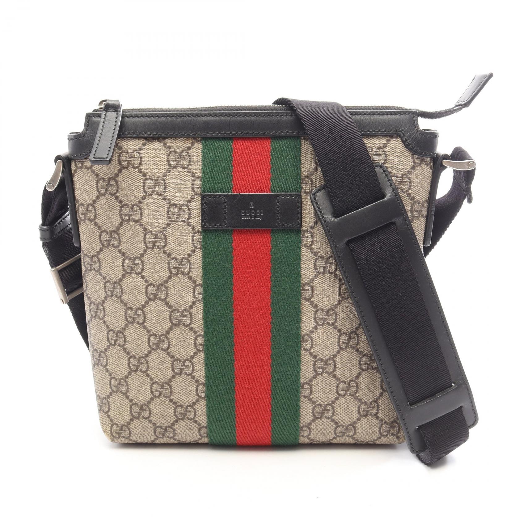 グッチ GUCCI GGスプリーム ウェブストライプ フラットメッセンジャー ショルダーバッグ バッグ PVCコーティングキャンバス レザー メンズ レディース ベージュ系 / ブラック系 / マルチカラー 471454 【中古】